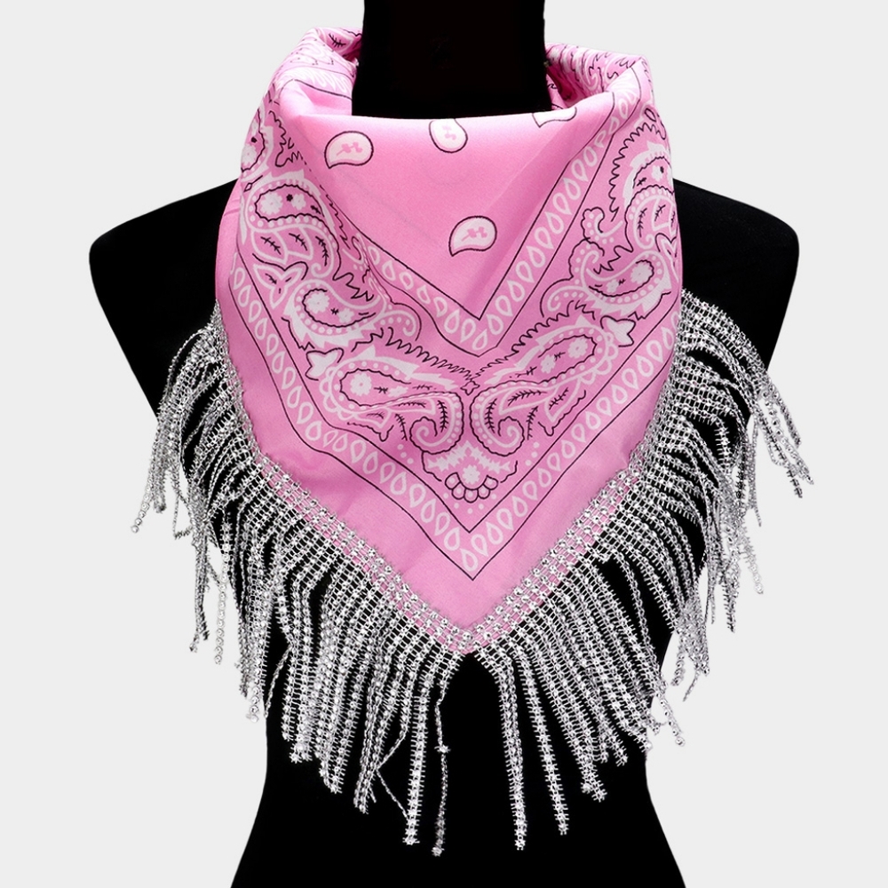 Pink Rhinestone Fringe Bandana Neckerchief Sparkly Trim Western Cowgirl Scarf
